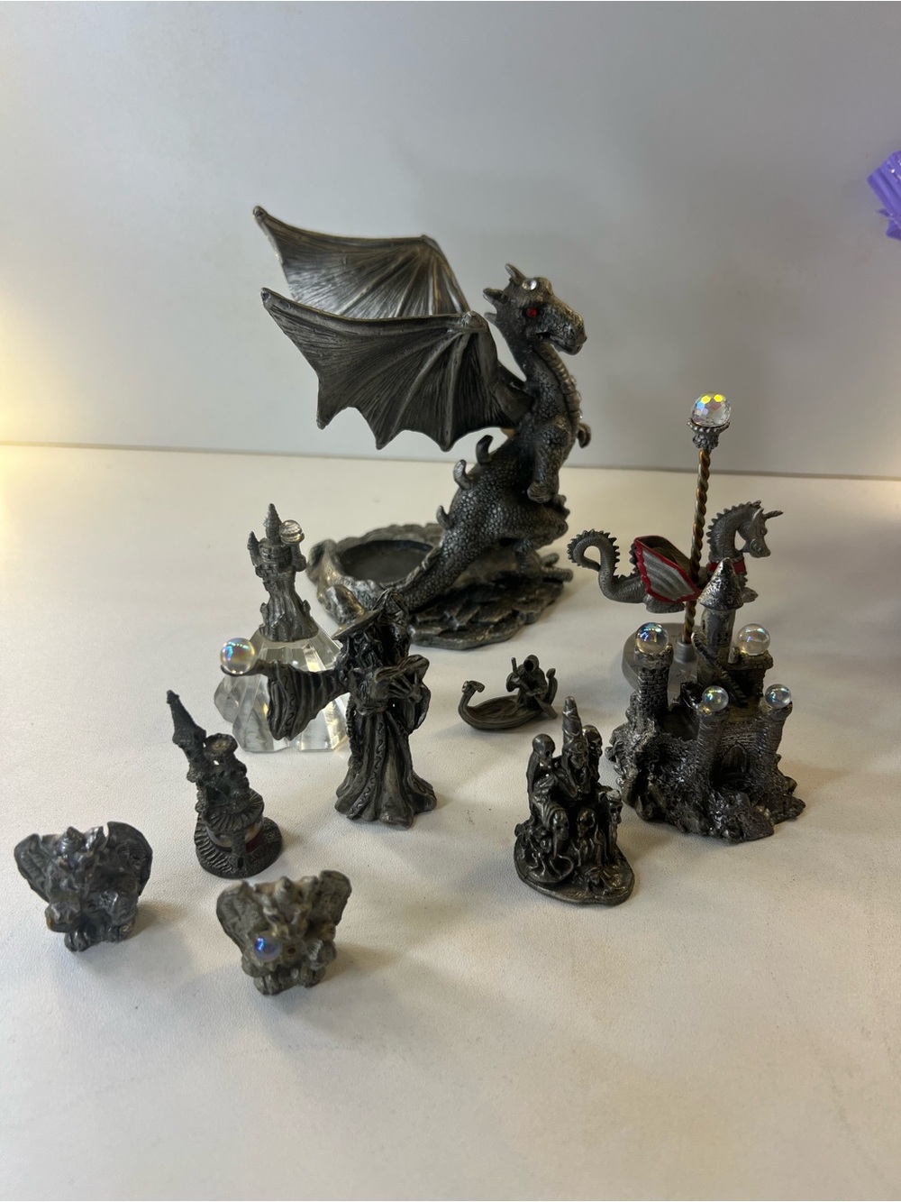 Pewter Fantasy Dragon Figurine Set with Accents - Metallic Gray - Picture 2 of 16